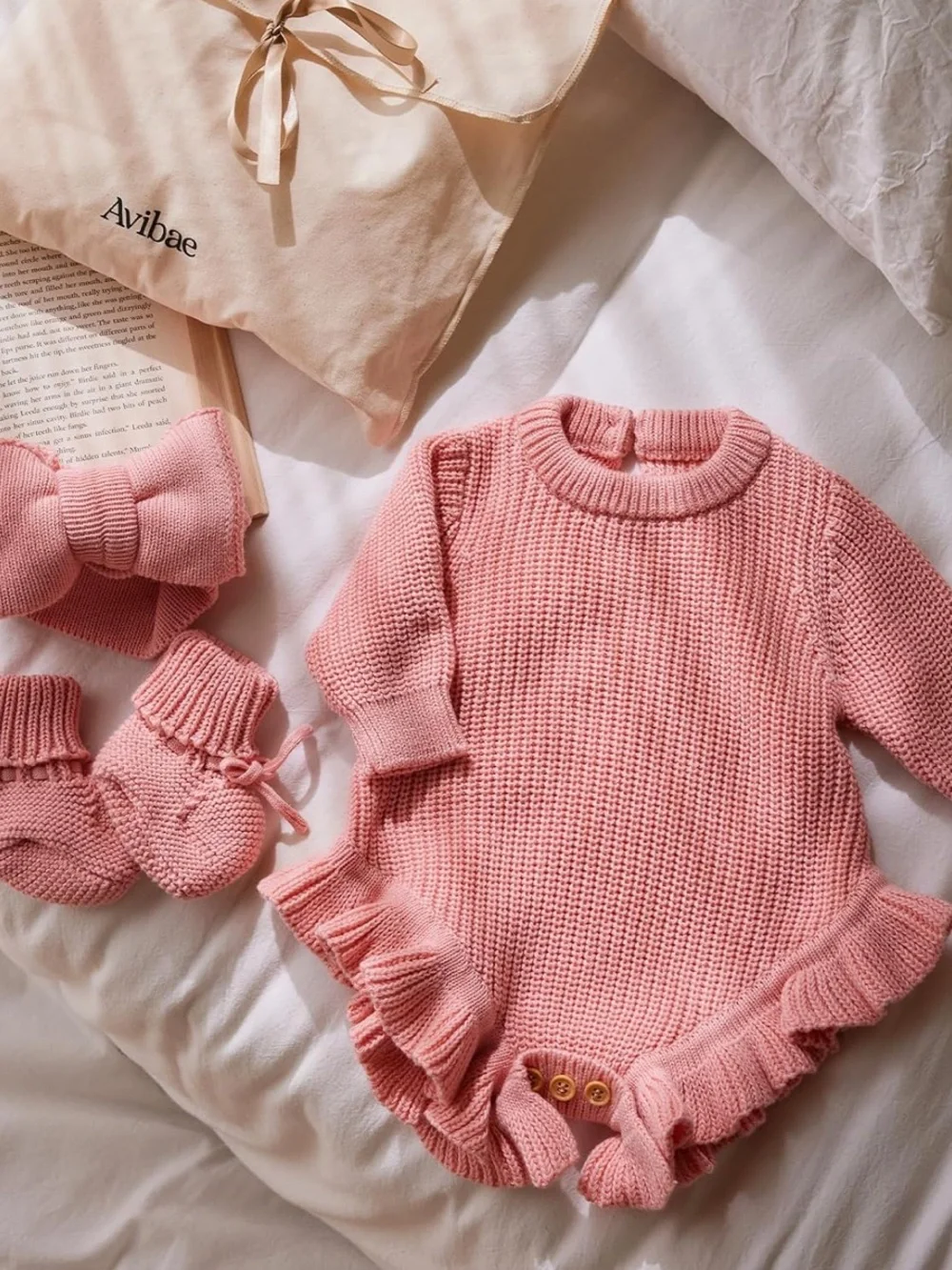 Avibae Pink Knit Baby Romper with Matching Hat & Booties